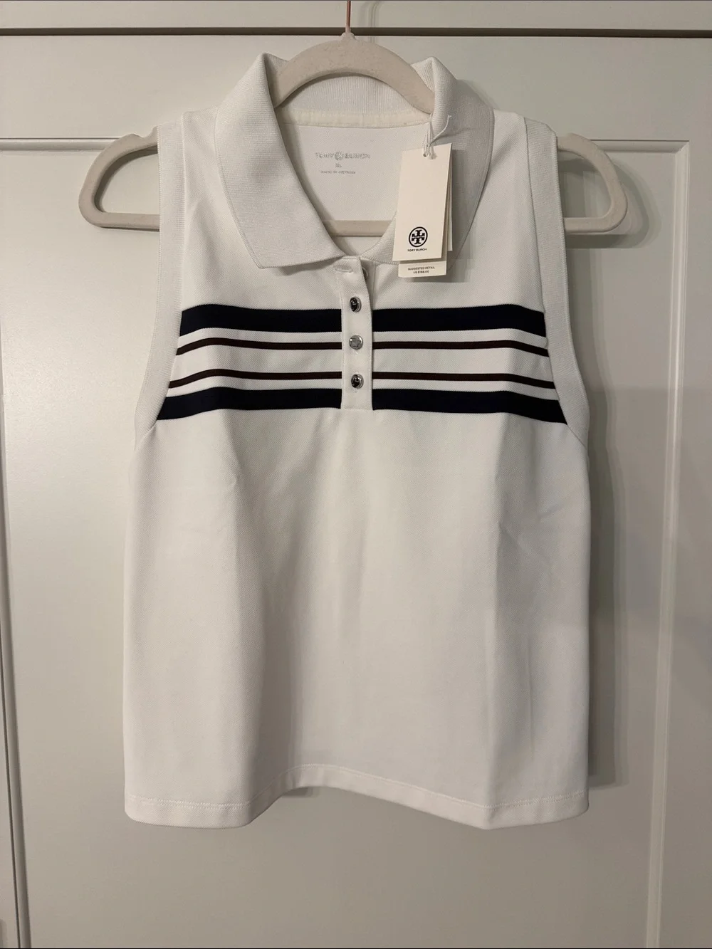 Tory Burch White Sleeveless Polo Tank with Navy and Burgundy Stripes